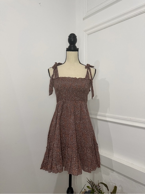 aerie Dresses & Skirts - aerie Brown Floral Tie-Shoulder Smocked Mini Dress